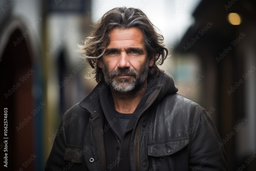 Portrait of a handsome man with long gray hair and beard wearing a leather jacket Portrait of a handsome man with long gray hair and beard wearing a leather jacket