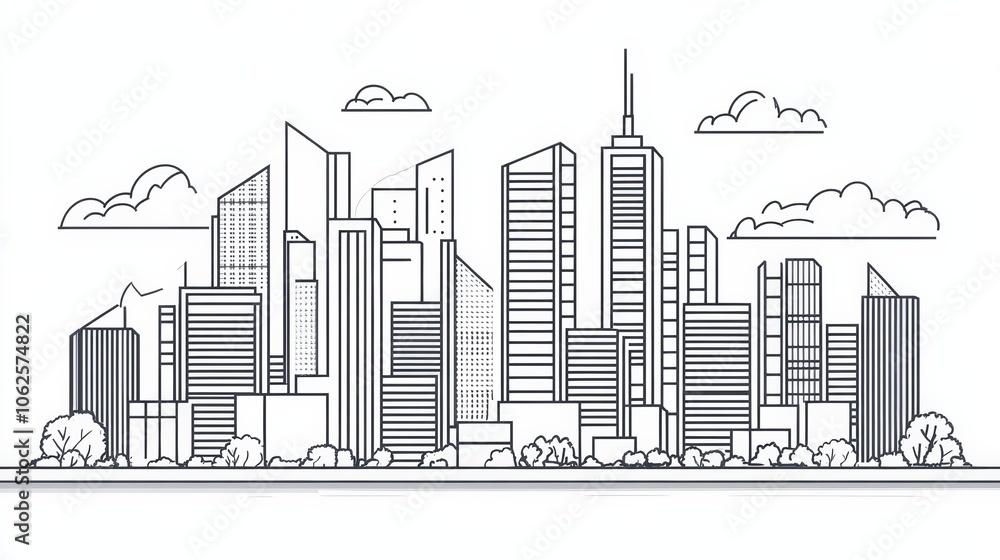 Line Drawing of Cityscape with Skyscrapers Line Drawing of Cityscape with Skyscrapers