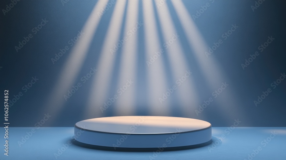 A circular platform illuminated by spotlights on a blue background A circular platform illuminated by spotlights on a blue background