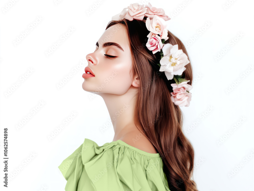 Naklejka premium Woman with flower crown on head, looking upwards
