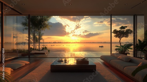 Modern and stylish living room interior with a stunning sunset view