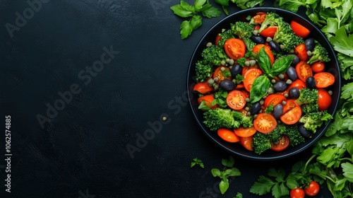 Fresh Broccoli Tomato Olive and Capers Salad in Black Bowl Food Photography