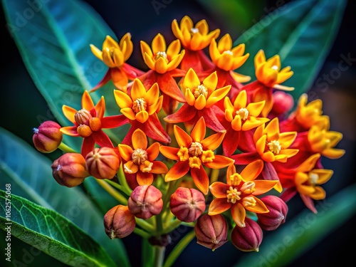 Asclepias curassavica, a tropical milkweed, blooms nightly in dim light. photo