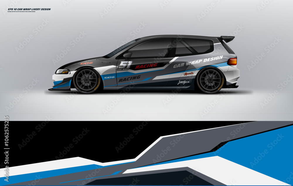 Racing Car branding with racing wrap decal or livery design. Abstract racing graphics blue black ang white with backround. Editable vector template Racing Car branding with racing wrap decal or livery design. Abstract racing graphics blue black ang white with backround. Editable vector template