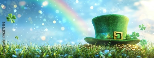 A digital illustration of a St. Patrick's day theme with green clovers, rainbows and a top hat.