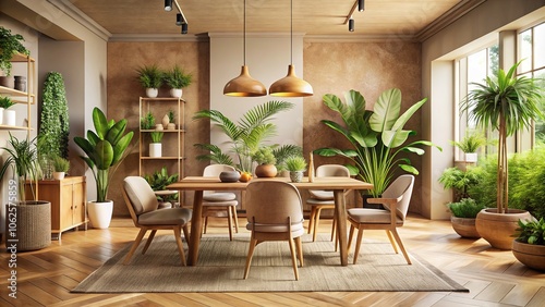 Beige Loft Dining Area 3D Render - Tropical Plants