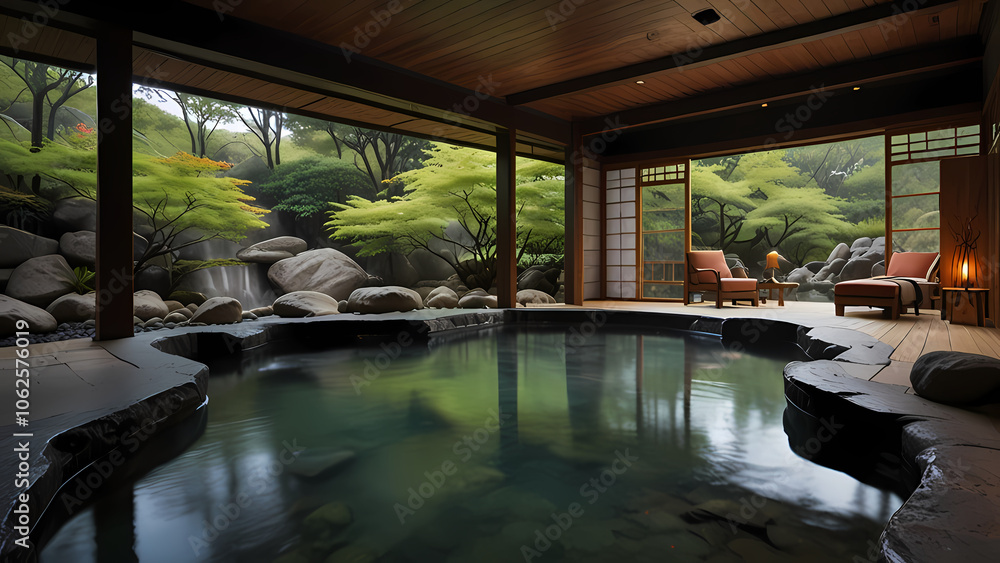 Fototapeta premium serene Japanese hot spring environment surrounded by natural elements