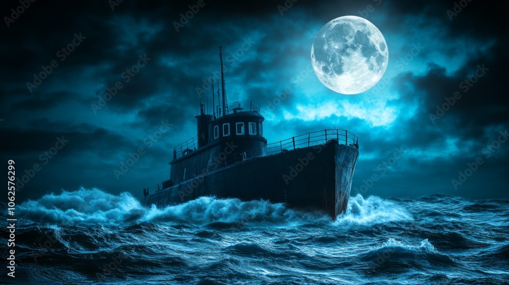 Ship in Stormy Seas Under Full Moon Ship in Stormy Seas Under Full Moon
