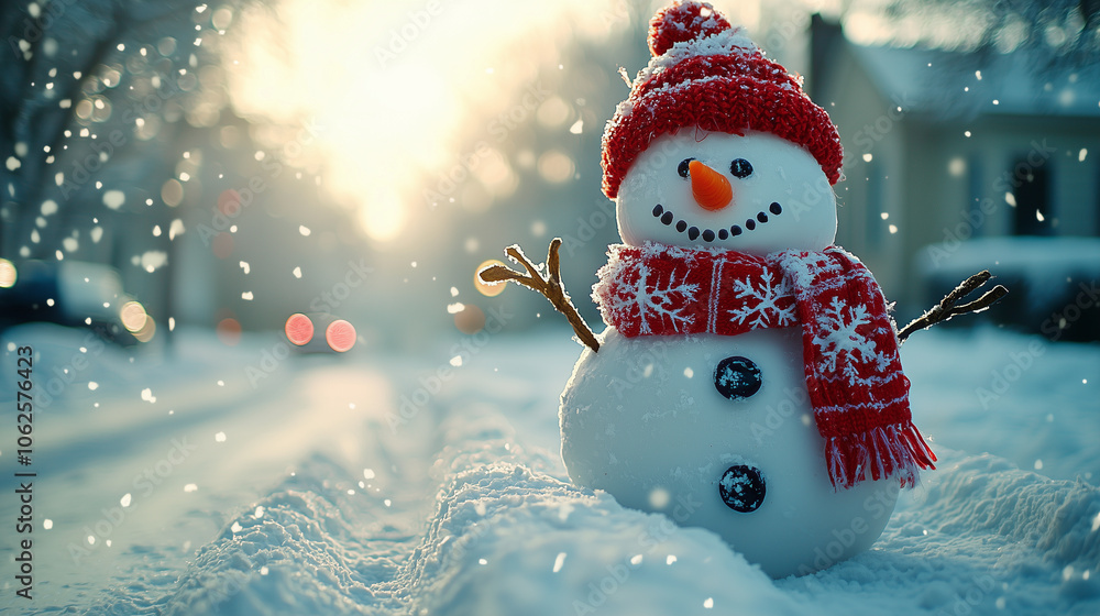 Obraz premium Snowman with red scarf and hat in snowy yard at sunrise