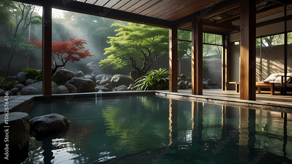 serene Japanese hot spring environment surrounded by natural elements serene Japanese hot spring environment surrounded by natural elements