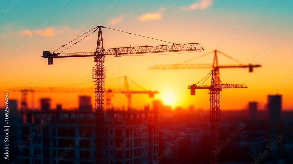Sunset Over Large Construction Site with Cranes Sunset Over Large Construction Site with Cranes