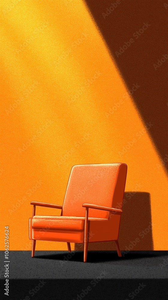 Orange Armchair in Minimalist Room with Warm Light and Shadow Orange Armchair in Minimalist Room with Warm Light and Shadow