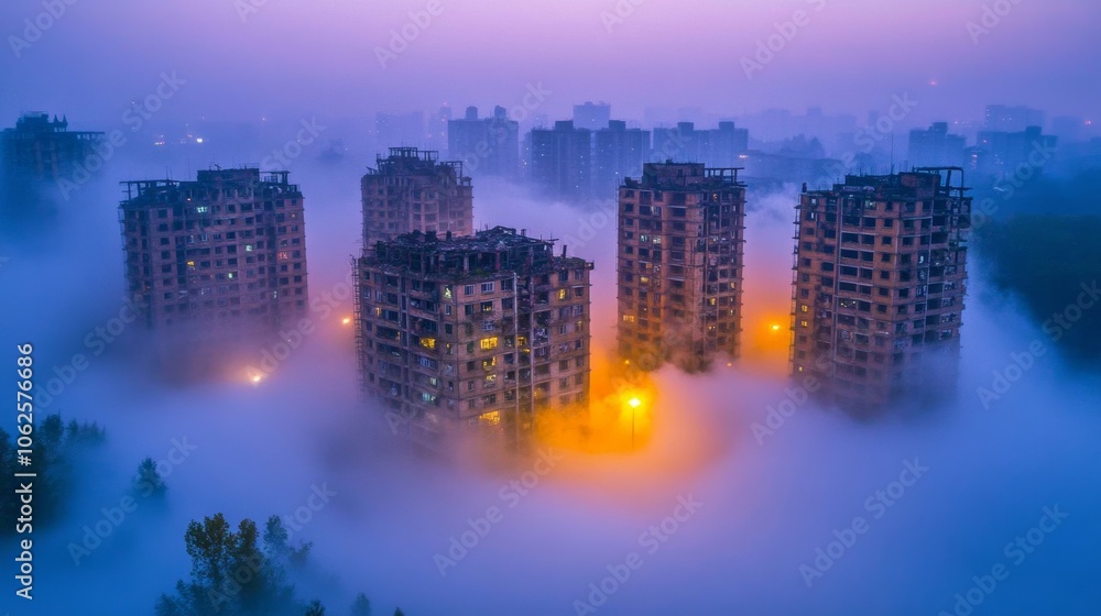 Obraz premium Urban Fogscape Skyscrapers Emerging from Mist at Dusk