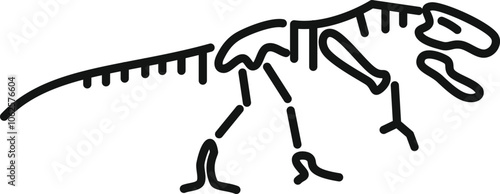 Line drawing of a tyrannosaurus rex skeleton walking, an icon of paleontology and the prehistoric era