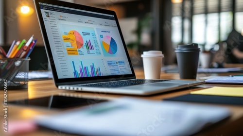 Laptop with Charts and Data on a Desk