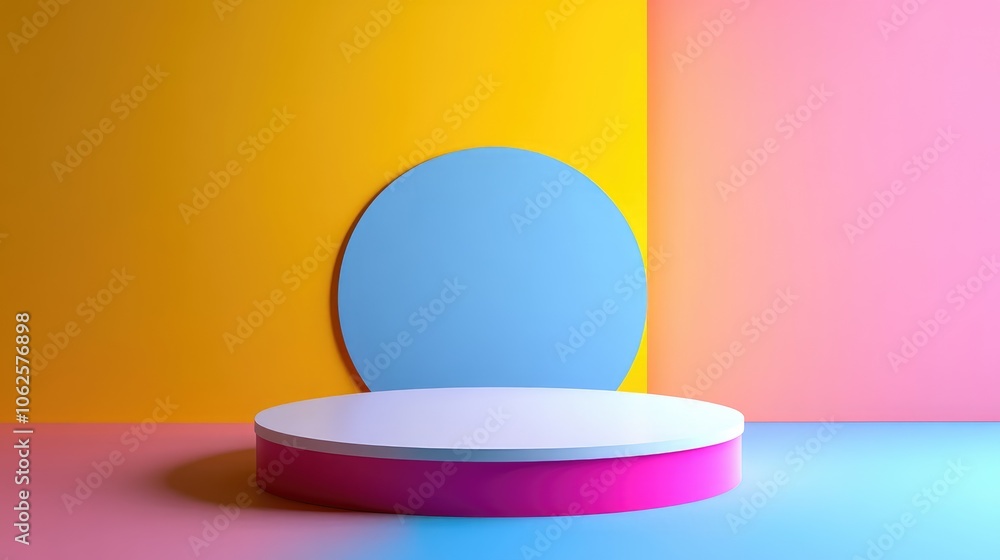 A Circular Platform with a White Top on a Yellow, Blue, and Pink Background A Circular Platform with a White Top on a Yellow, Blue, and Pink Background
