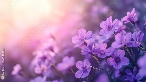 Beautiful sunset with purple flowers and glowing petals against a soft, blurry background.