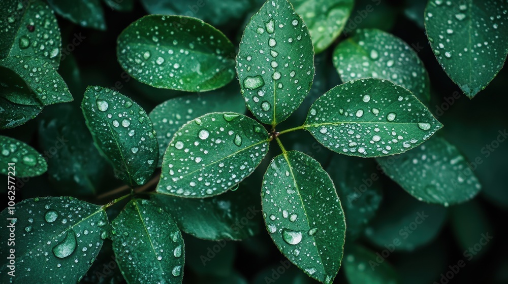 Obraz premium Close-up of vibrant green leaves with fresh water drops