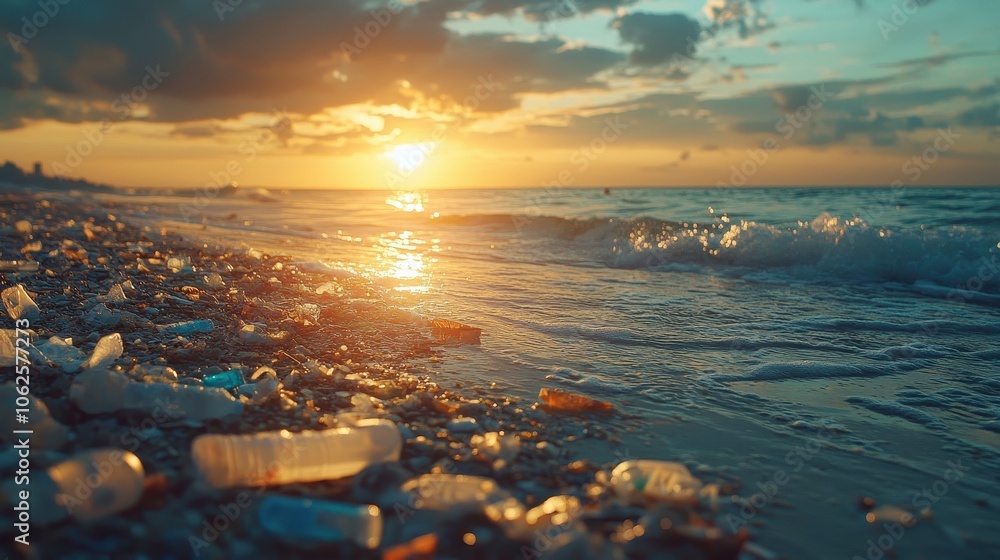 Obraz premium Plastic waste scattered on beach at sunset, ocean pollution