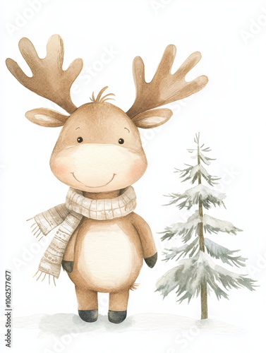 Wallpaper Mural cozy watercolor style illustration of moose calf wearing scarf, standing beside snow covered tree. This charming artwork evokes warmth and joy in winter setting Torontodigital.ca