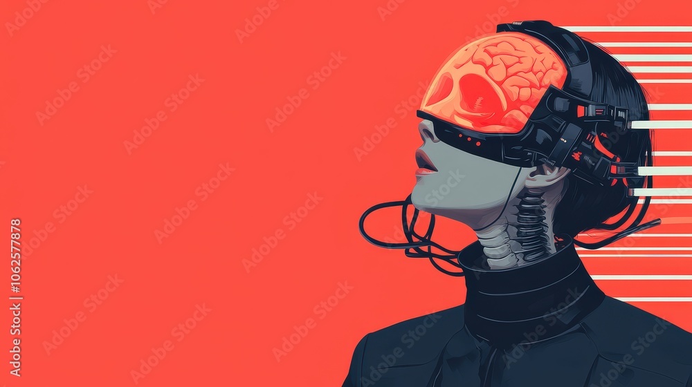 Futuristic Cyborg Woman with Exposed Brain in Red Background Cyberpunk Art Sci Fi Illus Futuristic Cyborg Woman with Exposed Brain in Red Background Cyberpunk Art Sci Fi Illus