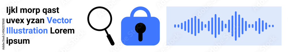 Magnifying glass, lock, and sound wave icons paired with text elements. Ideal for cybersecurity, data analysis, privacy, digital protection, audio processing, tech security, and online safety. Banner Magnifying glass, lock, and sound wave icons paired with text elements. Ideal for cybersecurity, data analysis, privacy, digital protection, audio processing, tech security, and online safety. Banner