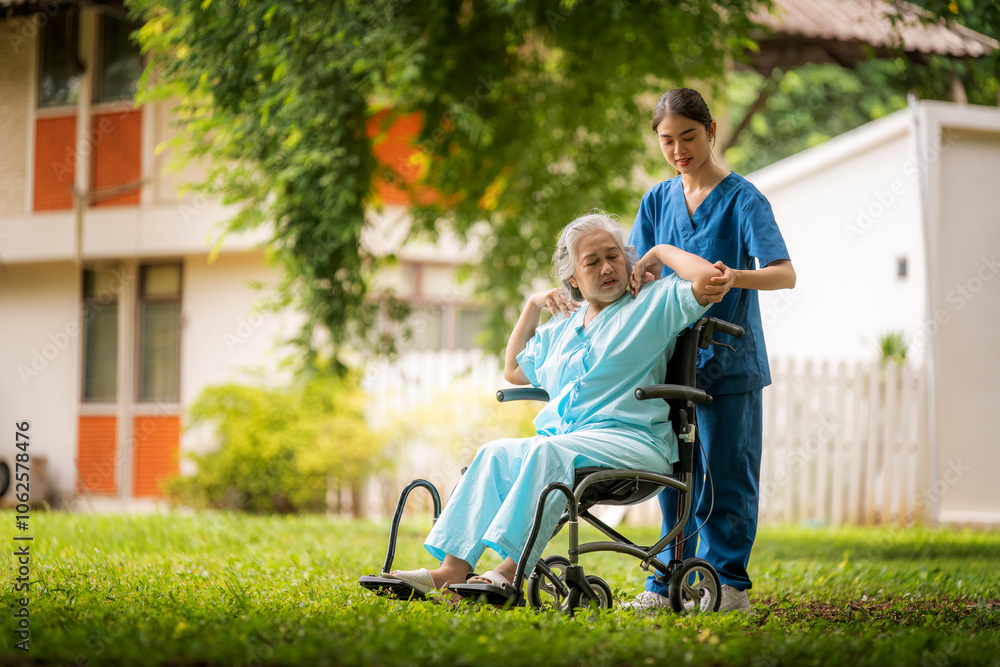 Healthcare or physical therapy nurse is helping elderly appears engaged in an exercise routine caregiver individuals focused on rehabilitation exercises elder concept. Healthcare or physical therapy nurse is helping elderly appears engaged in an exercise routine caregiver individuals focused on rehabilitation exercises elder concept.