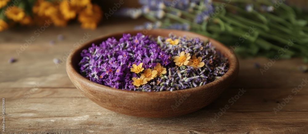Dried lavender and yellow flowers in a wooden bowl on a wooden table. Dried lavender and yellow flowers in a wooden bowl on a wooden table.