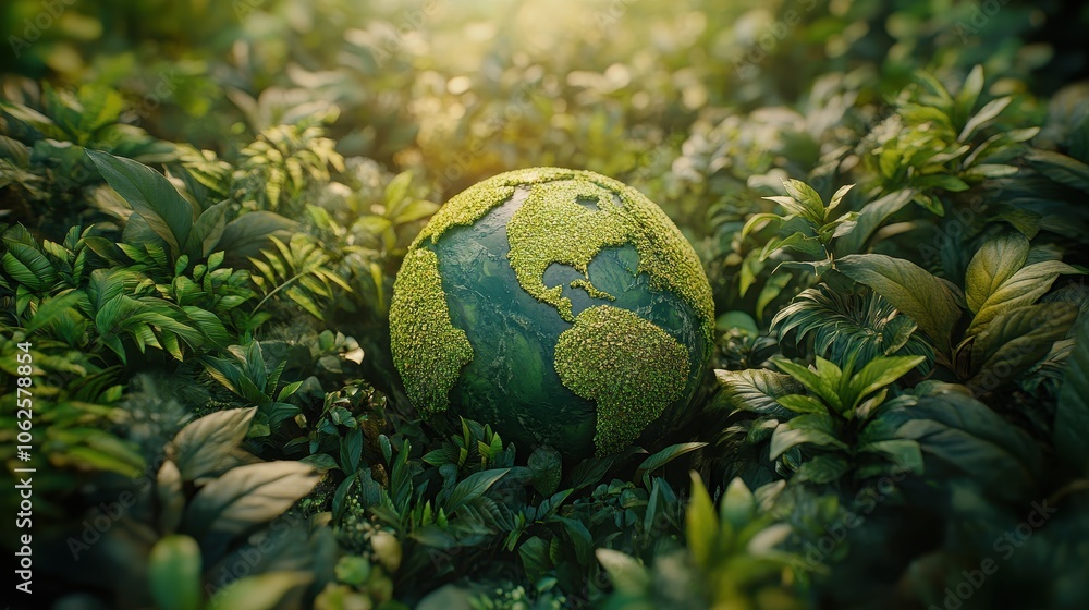 A vibrant green globe surrounded by lush greenery, symbolizing environmental sustainability and the beauty of nature. A vibrant green globe surrounded by lush greenery, symbolizing environmental sustainability and the beauty of nature.