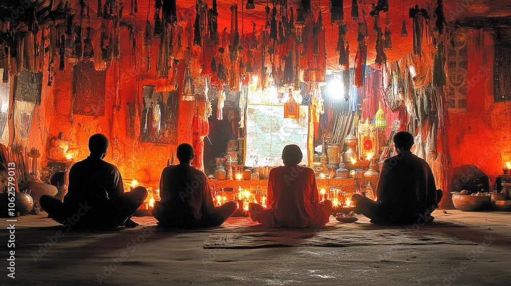 Silhouettes of People Praying in a Candlelit Cave with Ritual Offerings Silhouettes of People Praying in a Candlelit Cave with Ritual Offerings