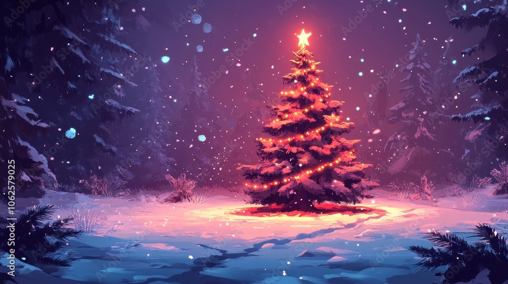 Naklejka premium Decorated Christmas tree with garland lights in winter night forest fantasy landscape background. Happy New Year, Marry Xmas, Winter Holidays concept. Festive wallpaper for greeting card, flyer.