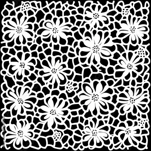 White floral pattern on black background.