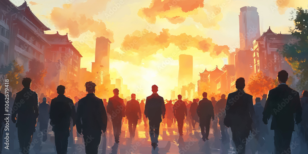 An aspirational crowd of professionals walk toward a new opportunity as represented by the rising sun in the sky An aspirational crowd of professionals walk toward a new opportunity as represented by the rising sun in the sky
