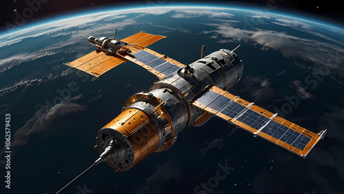 Wallpaper Mural a space satellite ship environment. Show a detailed spacecraft with metallic textures, antennas, and solar panels, floating in the vastness of space Torontodigital.ca