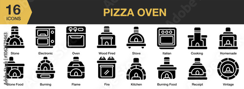 Pizza Oven solid icon set. Includes wood fired, vintage, stove, stone, receipt, and More. Solid icons vector collection.