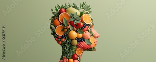 Concept of organic food and human body shape. A creative portrayal of a human silhouette filled with vibrant fruits and vegetables symbolizing health and nutrition