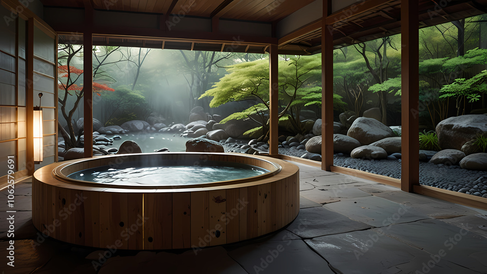 serene Japanese hot spring environment surrounded by natural elements serene Japanese hot spring environment surrounded by natural elements