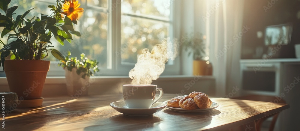 A steaming cup of coffee and pastries on a wooden table with a window in the background. A steaming cup of coffee and pastries on a wooden table with a window in the background.