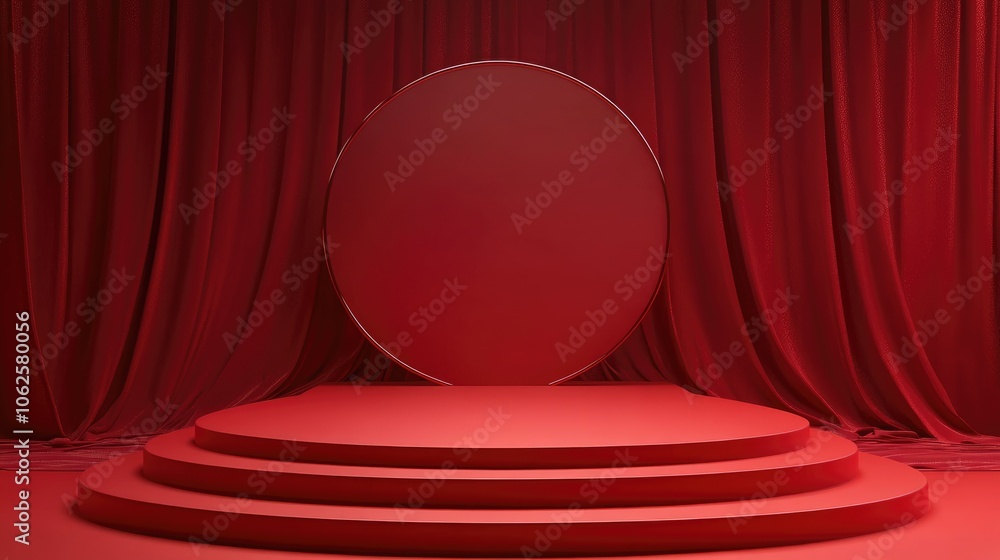Red Circular Platform with Draped Curtains Red Circular Platform with Draped Curtains