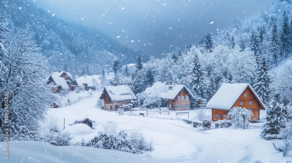 quaint little village in snowfall, idyllic winter scene quaint little village in snowfall, idyllic winter scene