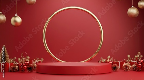 Red Platform with Gold Circle and Christmas Ornaments