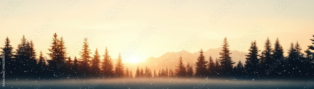 Winter Sunset with Silhouetted Pine Trees and Snowy Mountains Winter Sunset with Silhouetted Pine Trees and Snowy Mountains