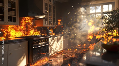 Fire in the kitchen, residential fire.Generative AI photo