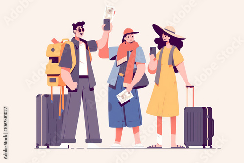 Happy Travelers with Luggage and Smartphones Illustration