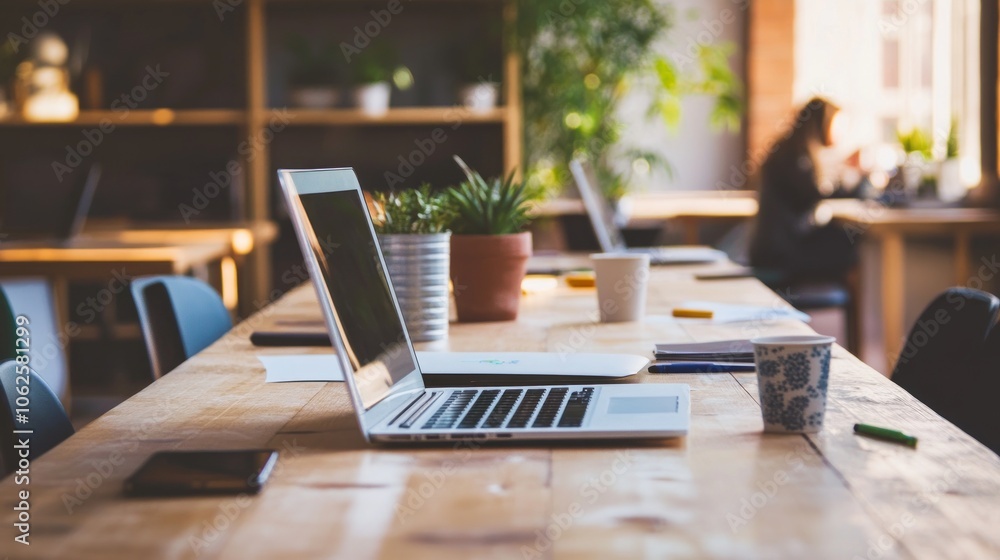 Laptop on a Wooden Table in a Coworking Space Laptop on a Wooden Table in a Coworking Space