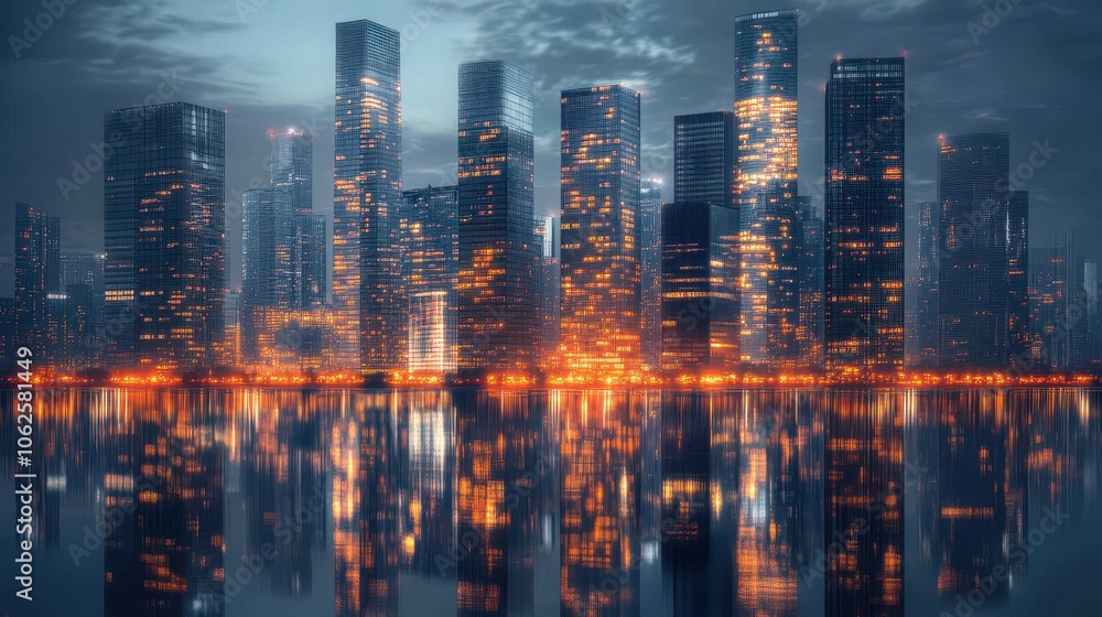 Modern cityscape illuminating the night with glowing office buildings Modern cityscape illuminating the night with glowing office buildings