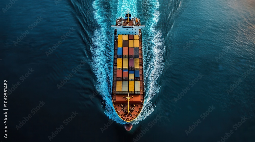 Aerial View of a Cargo Ship Navigating Through Open Ocean with Vibrant Containers and Deep Blue Waters Aerial View of a Cargo Ship Navigating Through Open Ocean with Vibrant Containers and Deep Blue Waters