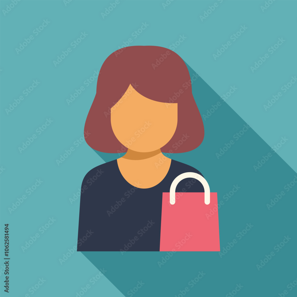 Stylized female shopper with shopping bag embodies retail therapy, consumerism, and the joys of purchasing