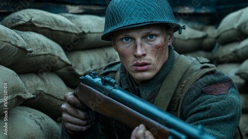 World War II Soldier Holding Rifle in Trench with Sandbags