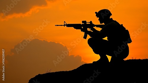 Soldier Silhouette Sunset Military Armed Forces Combat Weapon Defense